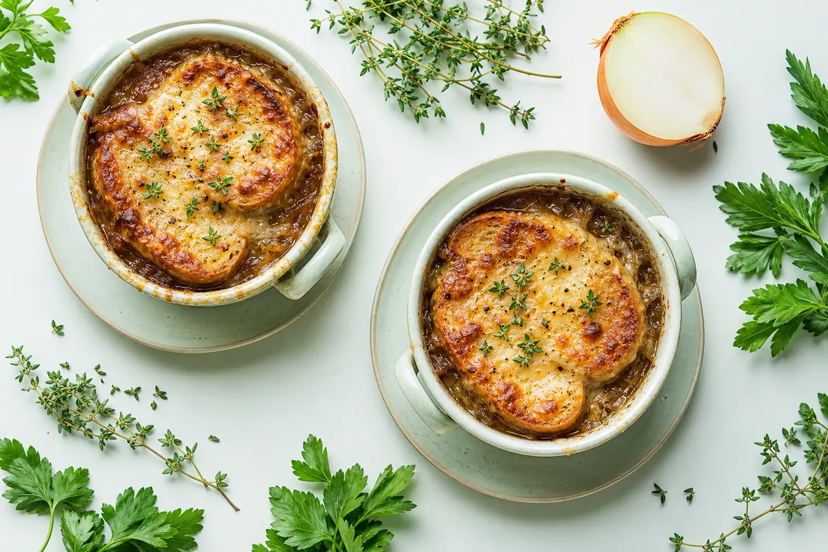 Franse uiensoep zonder vlees: soupe &agrave; l'oignon gratin&eacute;e