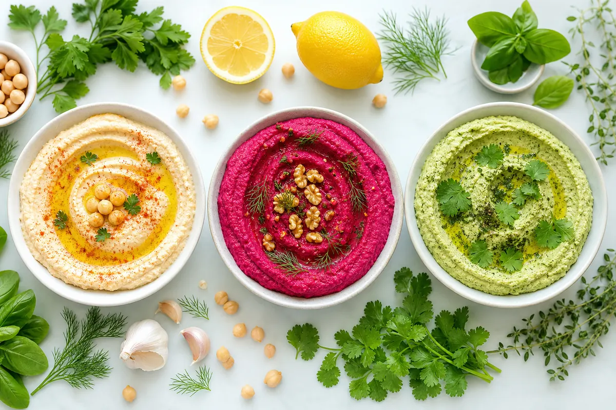 Hummus drie manieren: klassiek, met biet en met groene kruiden