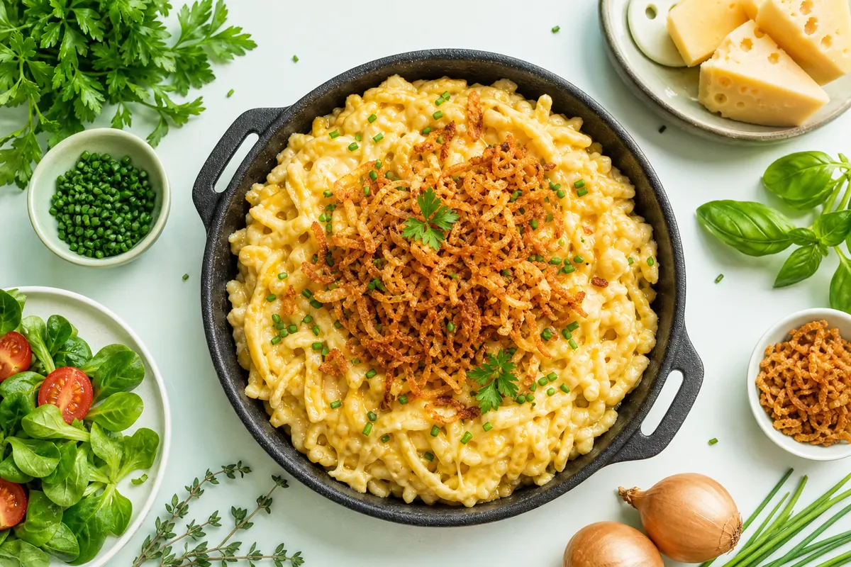 Zuid-Duitse kaasnoedels met krokante ui (Käsespätzle)