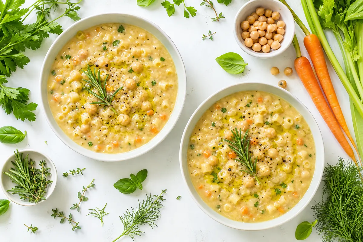 Romige Italiaanse soep van pasta en kikkererwten (pasta e ceci)