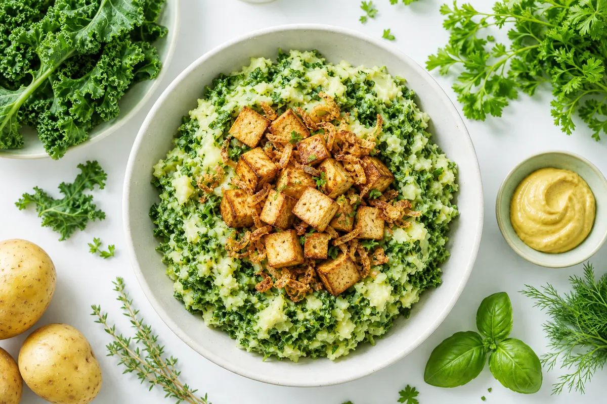 Vegetarische boerenkoolstamppot met gerookte tofu